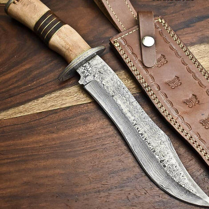 14" Damascus Bowie Knife – Olive Wood Handle & Leather Sheath 