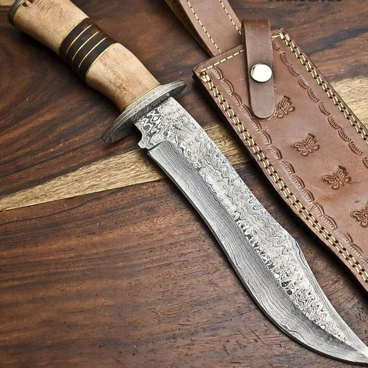14" Damascus Bowie Knife – Olive Wood Handle & Leather Sheath 