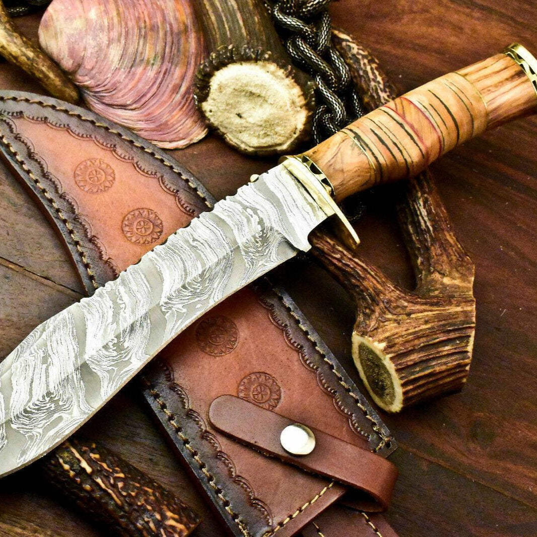 14" Damascus Bowie Knife – Stacked Leather Handle with Leather Sheath
