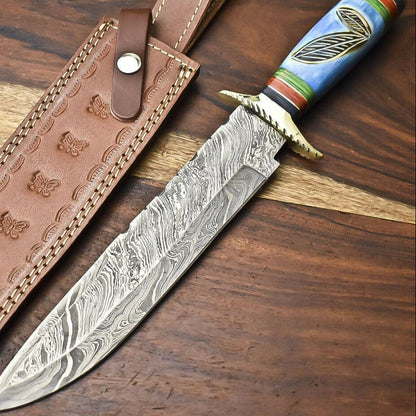 14" Damascus Bowie Knife with Camel Bone Handle