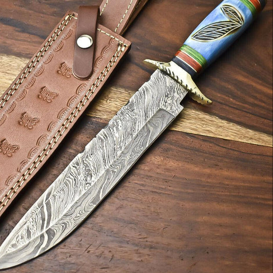 14" Damascus Bowie Knife with Camel Bone Handle