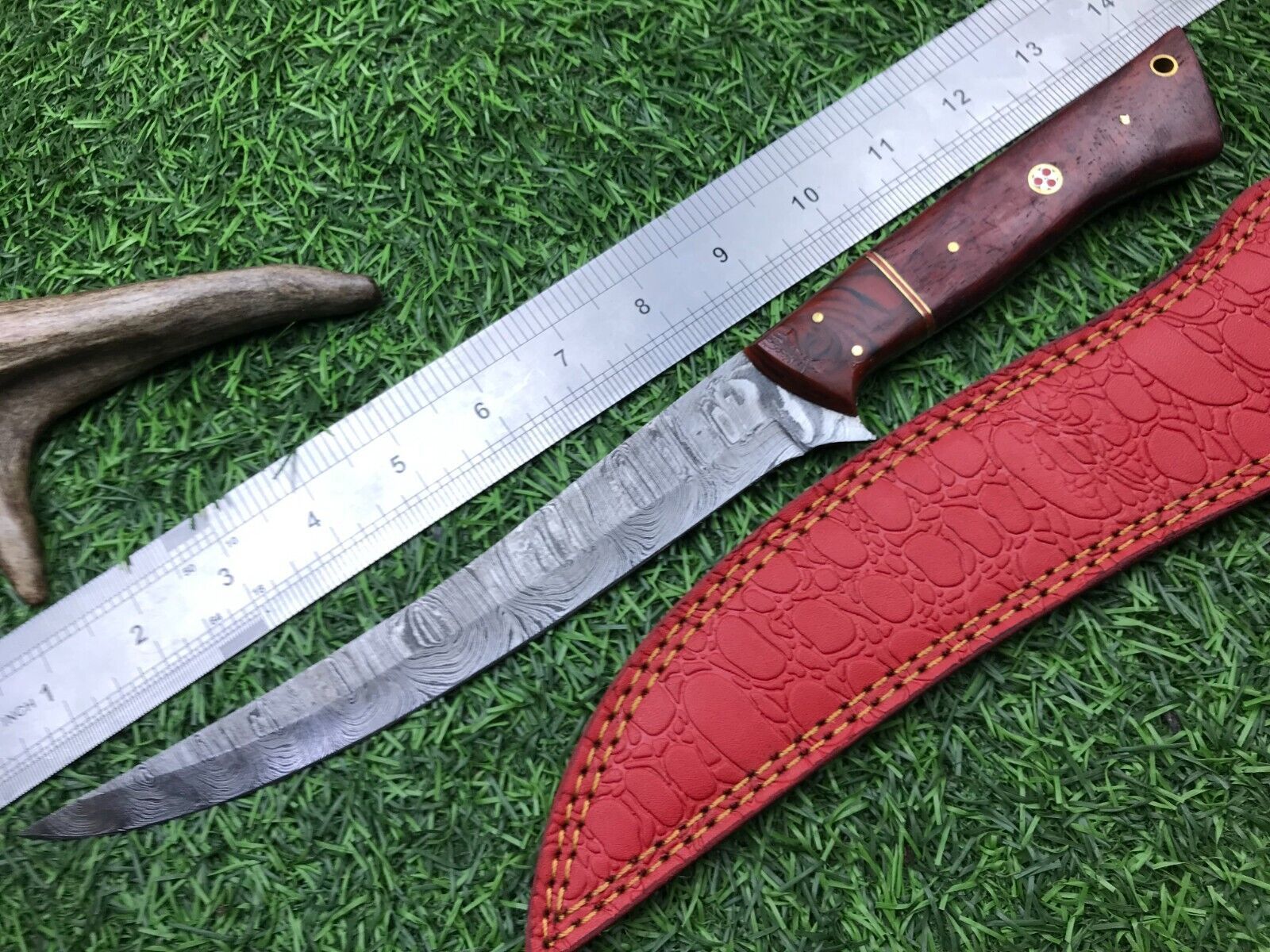 14" Damascus Fillet Knife Custom Handmade Fillet Knife W/Sheath and Wood Handle