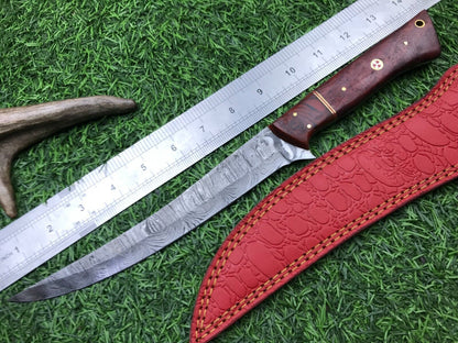 14" Damascus Fillet Knife Custom Handmade Fillet Knife W/Sheath and Wood Handle
