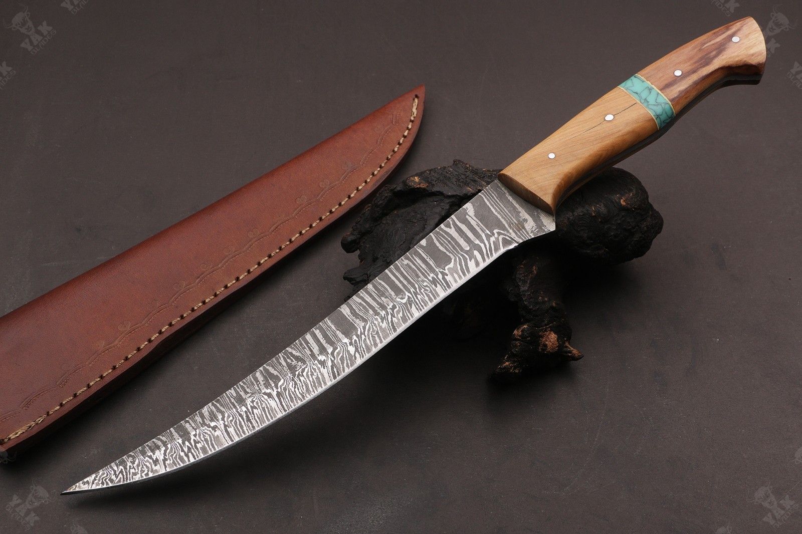 14" Damascus Fillet Knife Fire Damascus Steel Fillet Knife W/Sheath