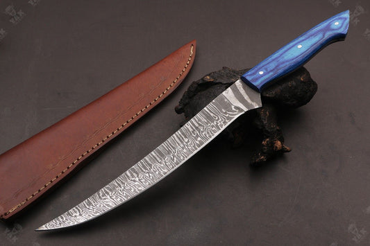 14" Damascus Fillet Knife Fire Damascus Steel Fillet Knife With Pakka Wood Handle