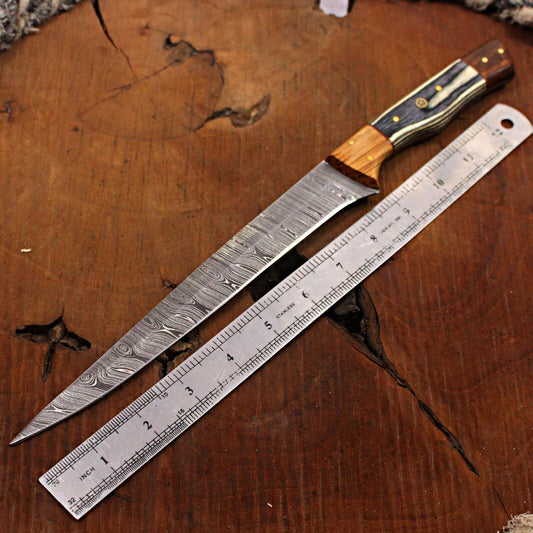 14" Damascus Fillet Knife Handmade Brisket Chef Fixed Blade with Sheath