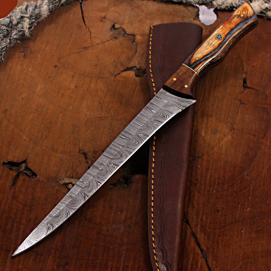 14" Damascus Fillet Knife Handmade Brisket Fillet Knife with Wood Handle