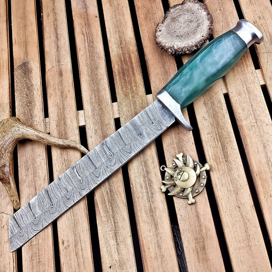 14" Damascus Hunting Knife – Resin Handle, Outdoor Fixed Blade
