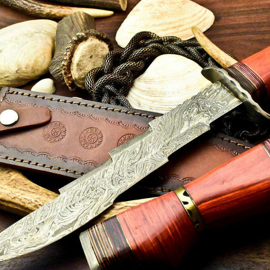 14" Damascus Kris Blade Bowie Knife – Hardwood Handle & Leather Sheath