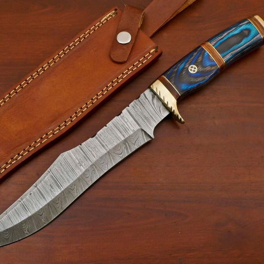 14" Damascus Steel Bowie Knife – Hardwood Handle & Brass Guard