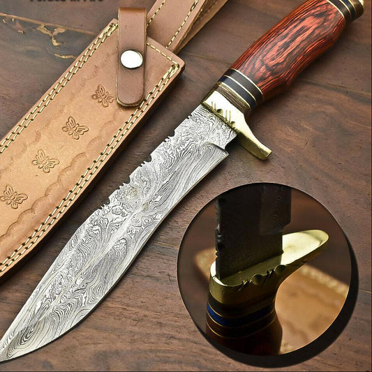 14" Damascus Steel Bowie Knife | Hardwood Handle & Leather Sheath