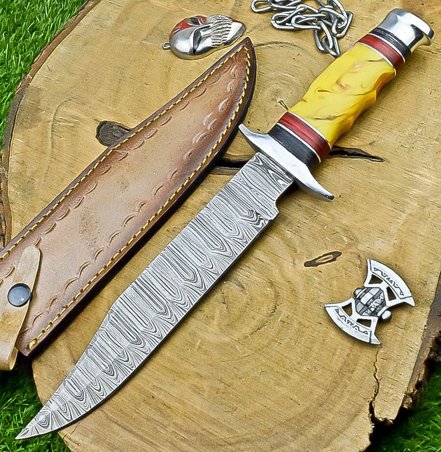 14"  Damascus Steel Bowie Knife – Resin Handle & Leather Sheath