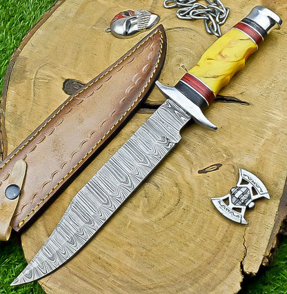 14"  Damascus Steel Bowie Knife – Resin Handle & Leather Sheath