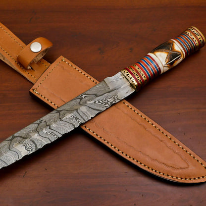 14" Damascus Steel Bowie Knife with Burn Camel Bone & Pakka Wood Handle