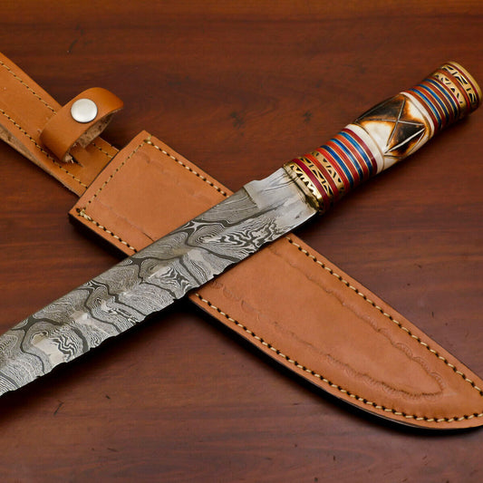 14" Damascus Steel Bowie Knife with Burn Camel Bone & Pakka Wood Handle