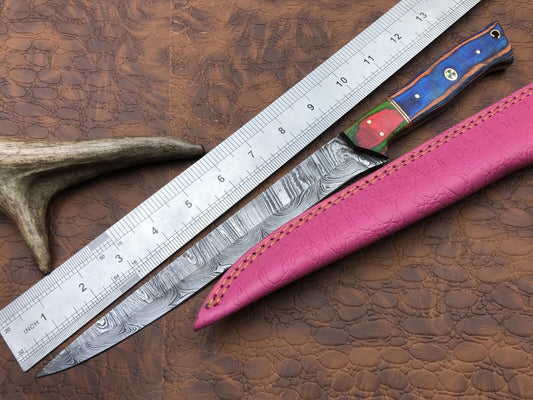 14" Damascus Steel Camping Fillet Knife With Pakka Wood Handle & Leather Sheath