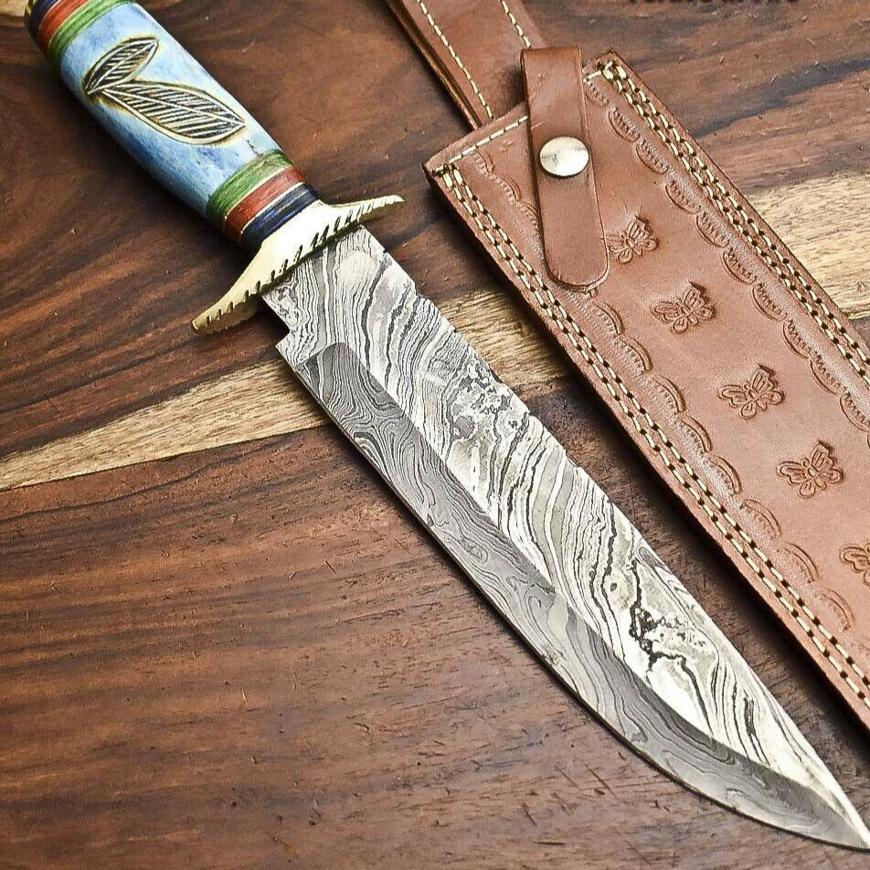 14" Damascus Steel Hunting Bowie Knife – Camel Bone Handle with Leather Sheath