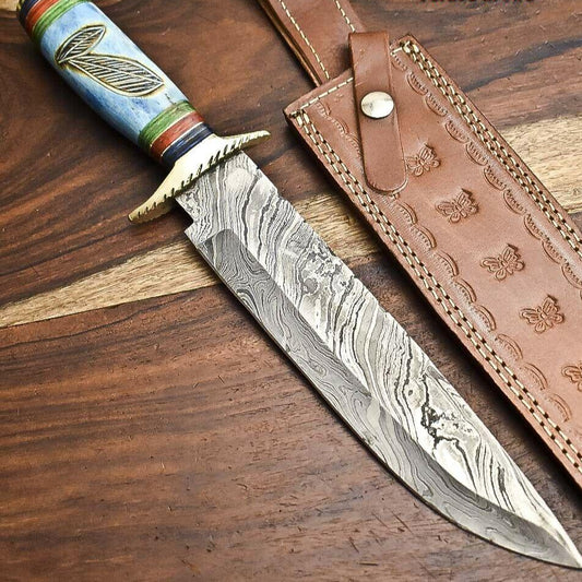 14" Damascus Steel Hunting Bowie Knife – Camel Bone Handle with Leather Sheath