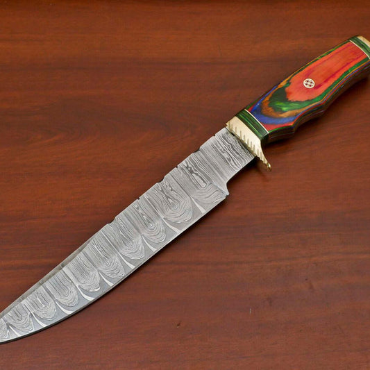 14" Hand-Forged Damascus Bowie Hunting Knife – Hardwood Handle with Brass Guard & Leather Sheath