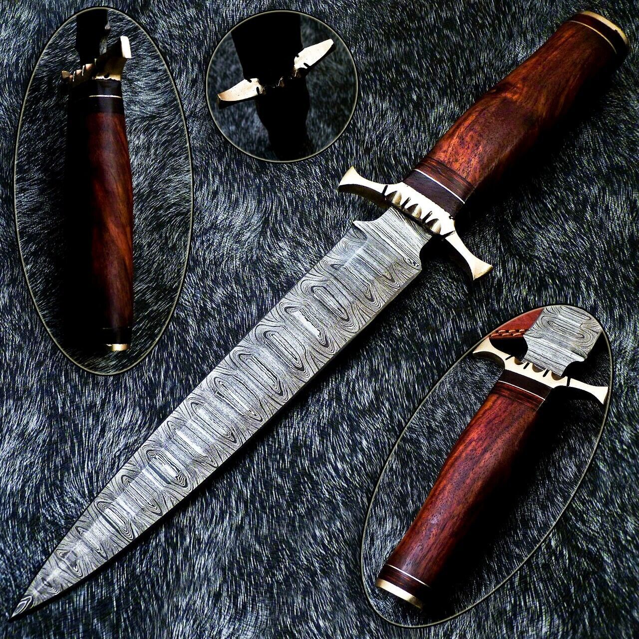14" Hand-Forged Damascus Dagger Bowie Hunting Knife – Natural Wood Handle & Leather Sheath