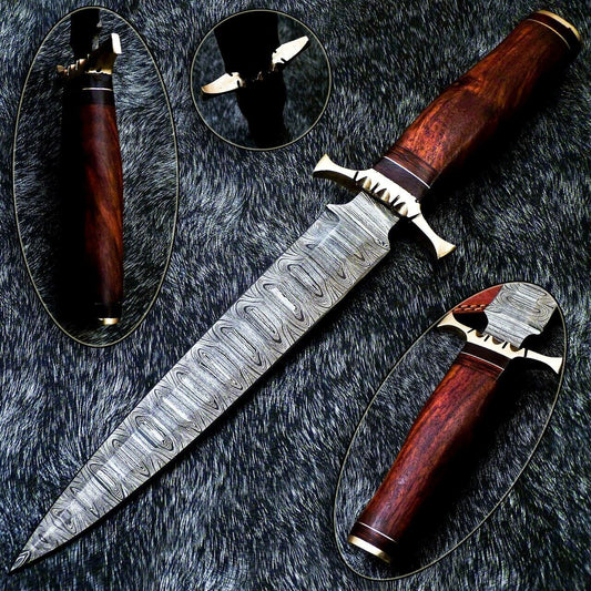14" Hand-Forged Damascus Dagger Bowie Hunting Knife – Natural Wood Handle & Leather Sheath