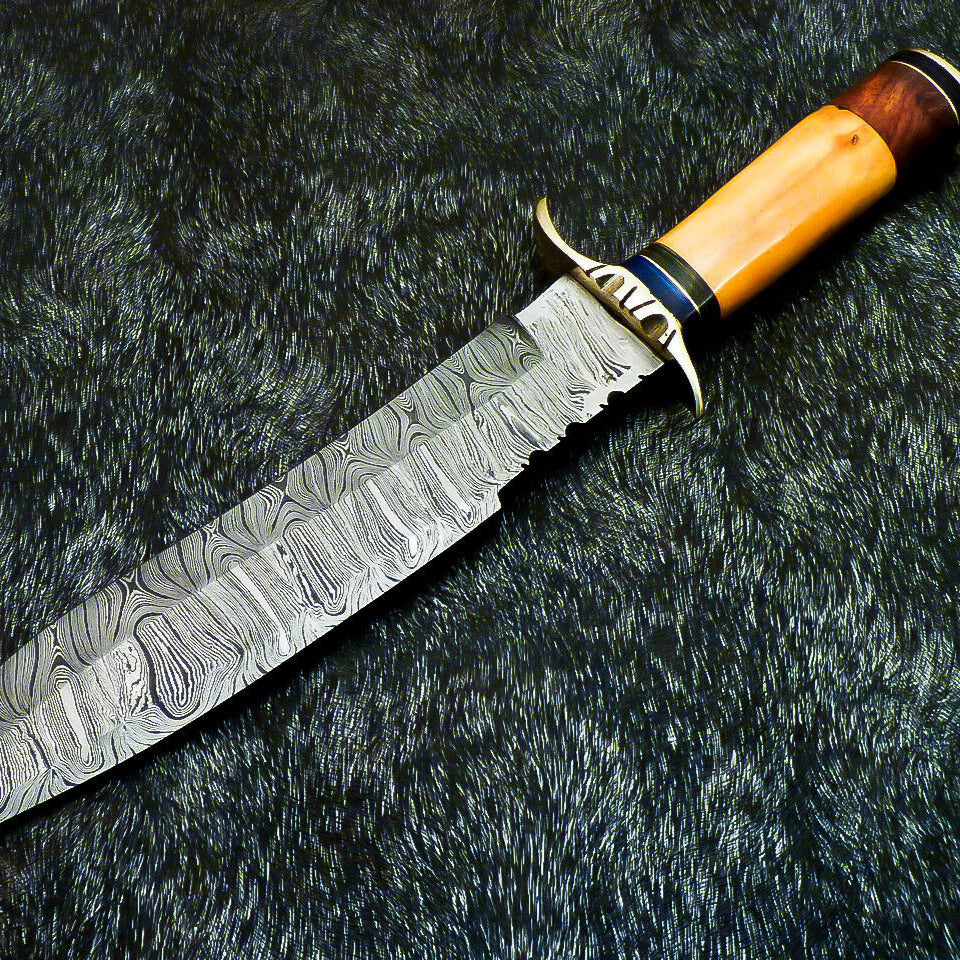 14" Hand-Forged Damascus Steel Bowie Hunting Knife – Stained Bone & Wood Handle
