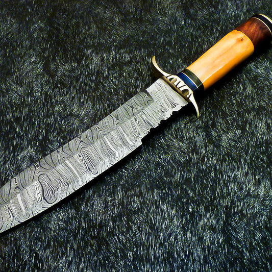 14" Hand-Forged Damascus Steel Bowie Hunting Knife – Stained Bone & Wood Handle