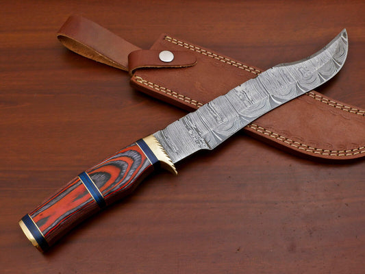 14" Hand Forged Bowie Damascus Steel Knife With Pakka Wood Handle & Brass Guard Sheath