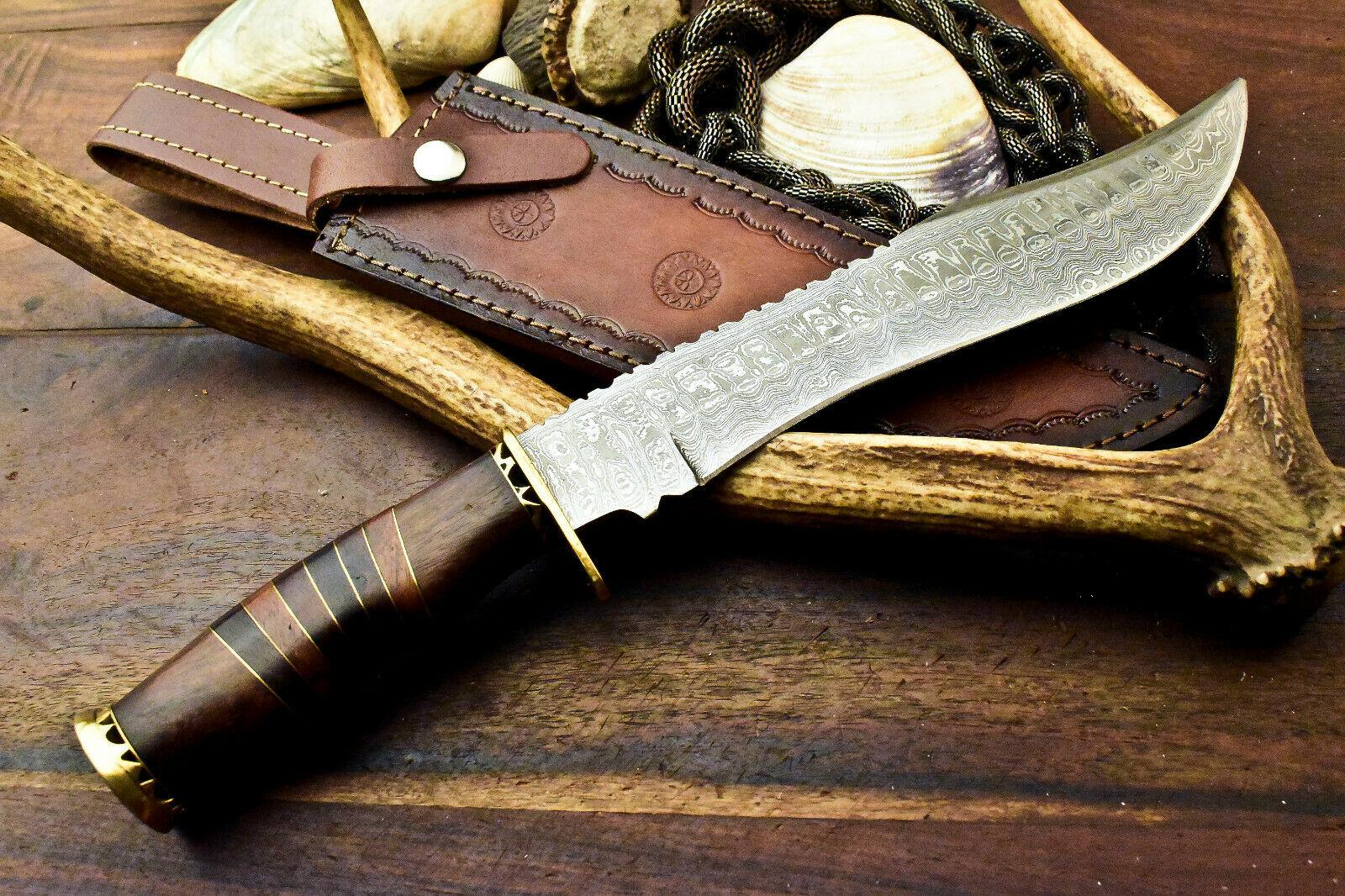 14"  Hand Forged Bowie Damascus Steel Knife with Walnut Wood Handle & Leather Sheath