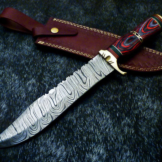  14" Hand Forged Damascus Bowie Hunting Knife – Hard Wood Handle