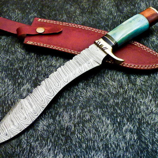 14" Hand Forged Damascus Bowie Hunting Knife – Stained Camel Bone Handle