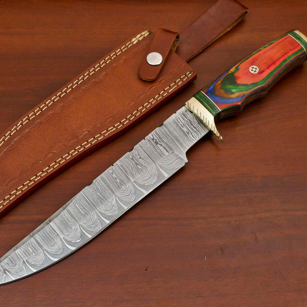 14" Hand Forged Damascus Bowie Knife Damascus Steel Knife With Hard Wood Handle & Sheath