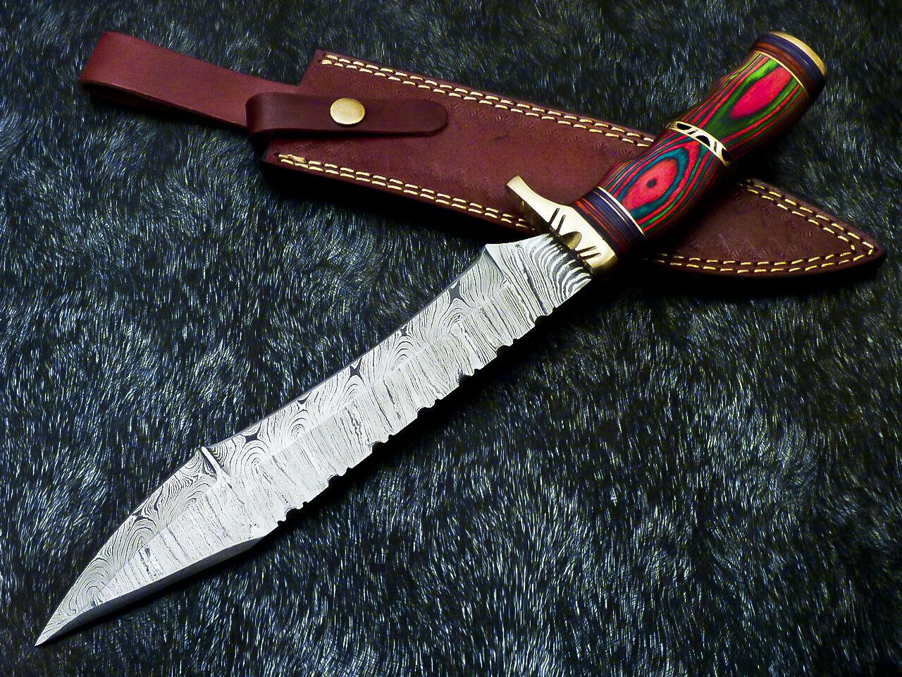 14" Hand Forged Damascus Bowie Knife Damascus Steel Knife with Multi Color Hard Wood Handle