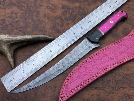 14" Hand Forged Damascus Fillet Knife Custom Fillet Knife with Leather Sheath