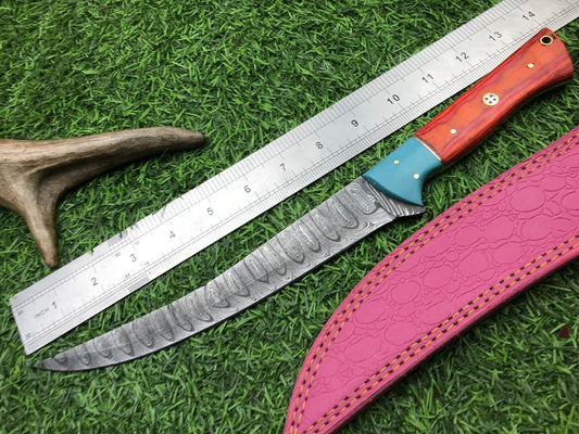 14" Hand Forged Damascus Fillet Knife Custom Fillet Knife with Sheath