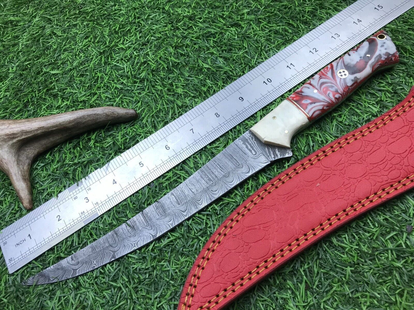 14" Hand Forged Damascus Fillet Knife Hunting Skinner Fillet Knife W/Sheath