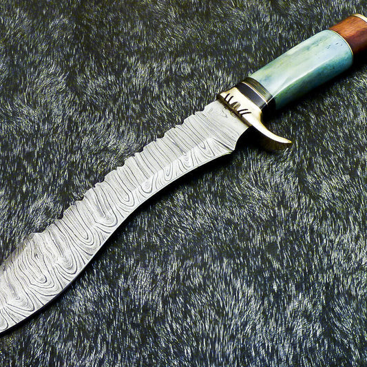 14" Hand Forged Damascus Hunting Bowie Knife | Camel Bone Handle