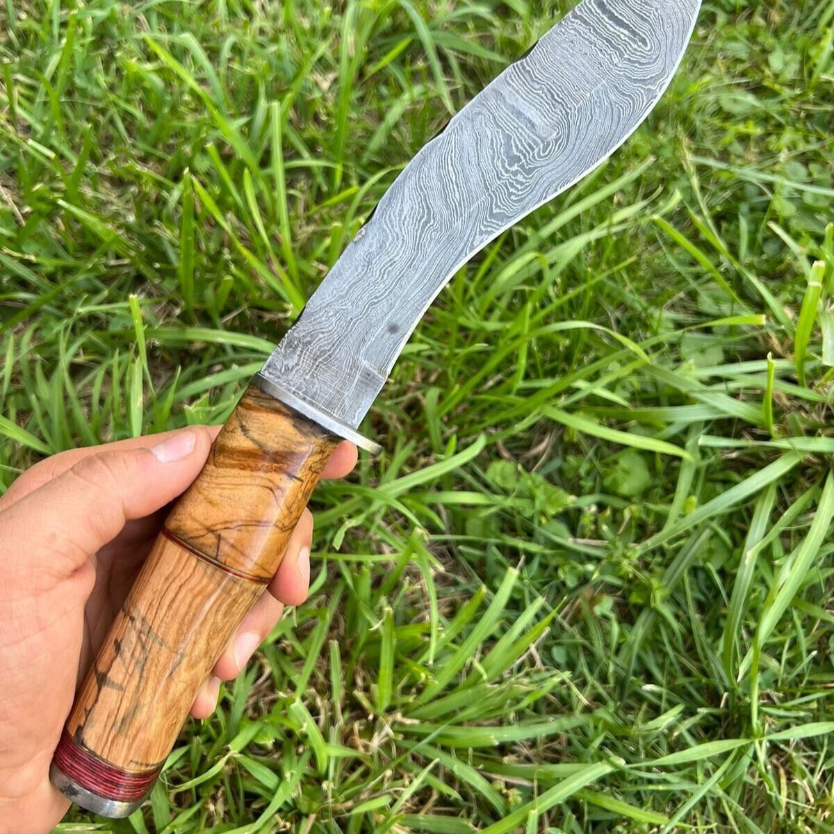 14" Hand Forged Damascus Kukri Bowie Knife | Wooden Handle & Leather Sheath
