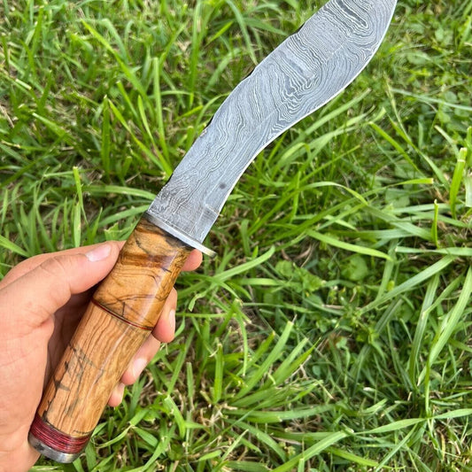 14" Hand Forged Damascus Kukri Bowie Knife | Wooden Handle & Leather Sheath
