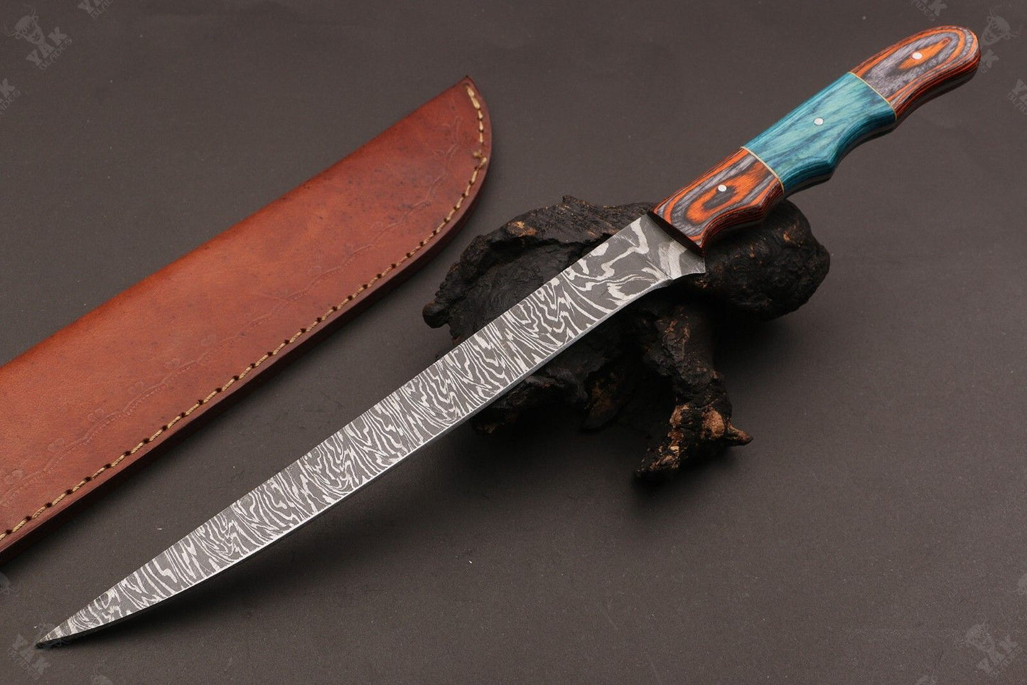 14" Hand Forged Damascus Steel Fillet Knife Damascus Fillet Knife & Best Fillet Knife W/Sheath