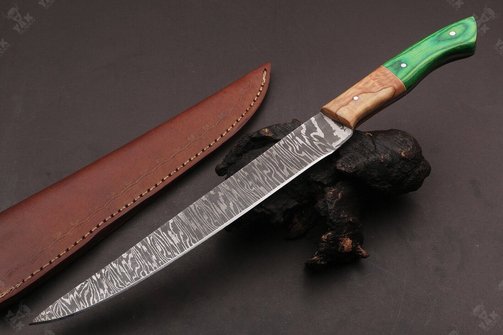 14" Hand Forged Fire Damascus Steel Fillet Knife For Kitchen Use Best Fillet Knife W/Sheath