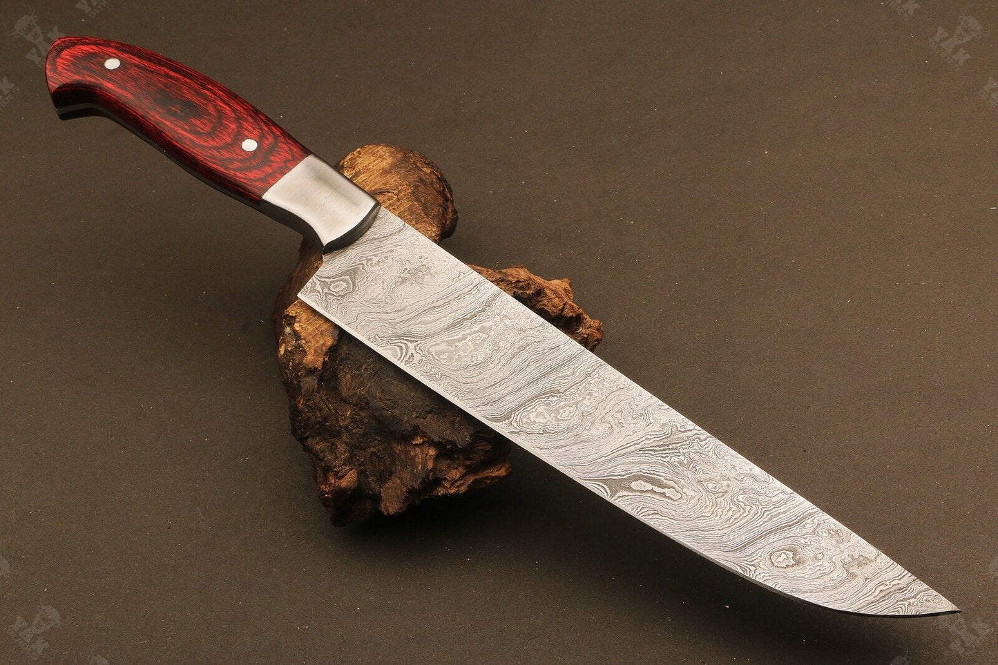 14" Hand Forged Ladder Damascus Steel Santoku Chef Knife – Camel Bone & Wood Handle