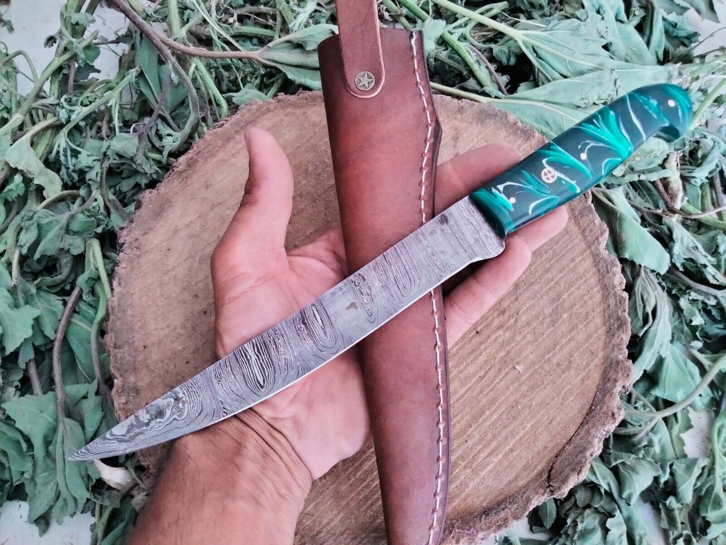 14" Hand made Damascus Fillet Knife Custom Fillet Knife with Sheath