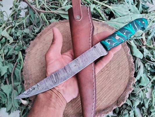 14" Hand made Damascus Fillet Knife Custom Fillet Knife with Sheath