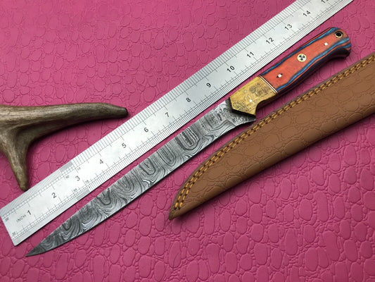 14" Handcrafted Damascus Fillet Knife Damascus Steel Knife W/Sheath
