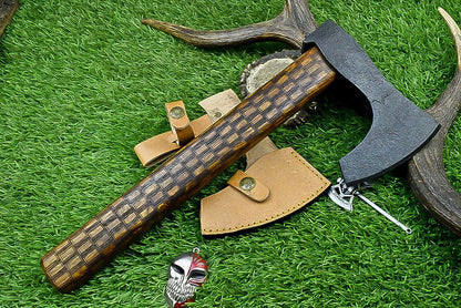 14" Handcrafted Viking Tomahawk Axe Carbon Steel Axe with Rosewood Handle & Leather Sheath