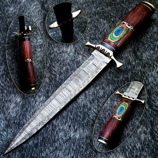 14" Handmade Damascus Bowie Dagger – Natural Wood Handle with Brass Guard & Leather Sheath
