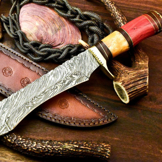 14" Handmade Damascus Bowie Hunting Knife | Hard Wood Handle