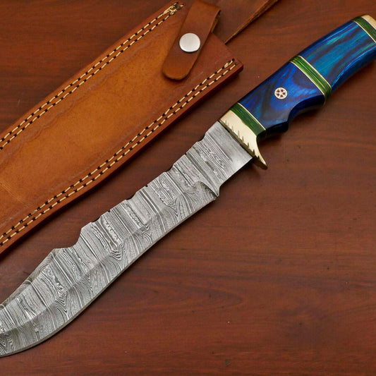14" Handmade Damascus Bowie Hunting Knife – Pakka Wood Handle & Brass Guard