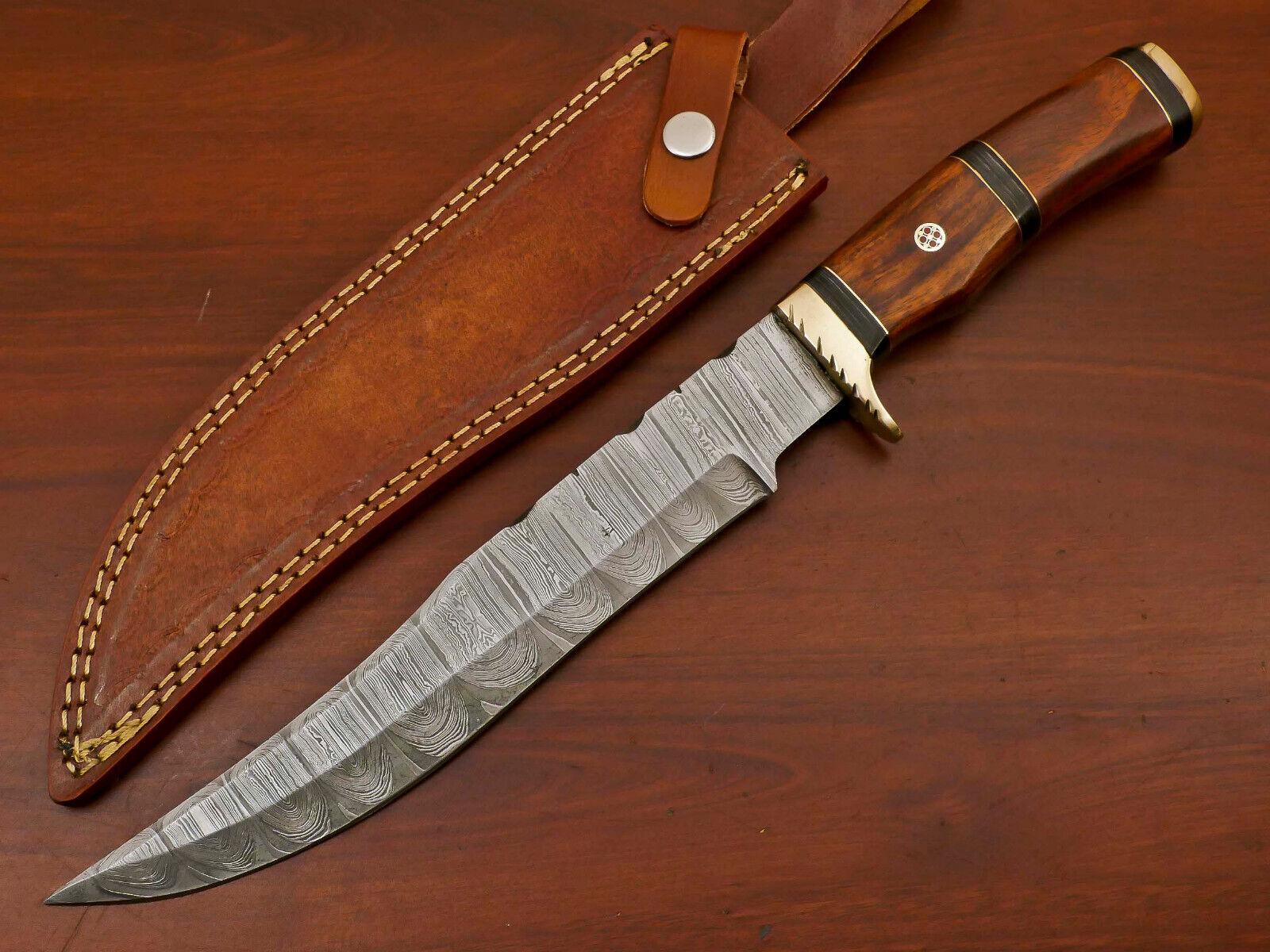  14" Handmade Damascus Bowie Hunting Knife – Rosewood & Pakka Wood Handle with Brass Guard